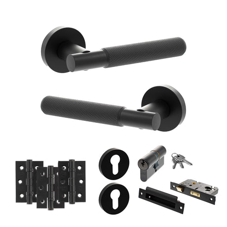 Quality image of Senza Pari Rosarno Door Handle Pack (Euro Lock Set - 2.5" CE Sashlock, 3" Fire Rated Hinges x3) - Matt Black | Sku. adpspr170mb20 | available from Trade Door Handles.