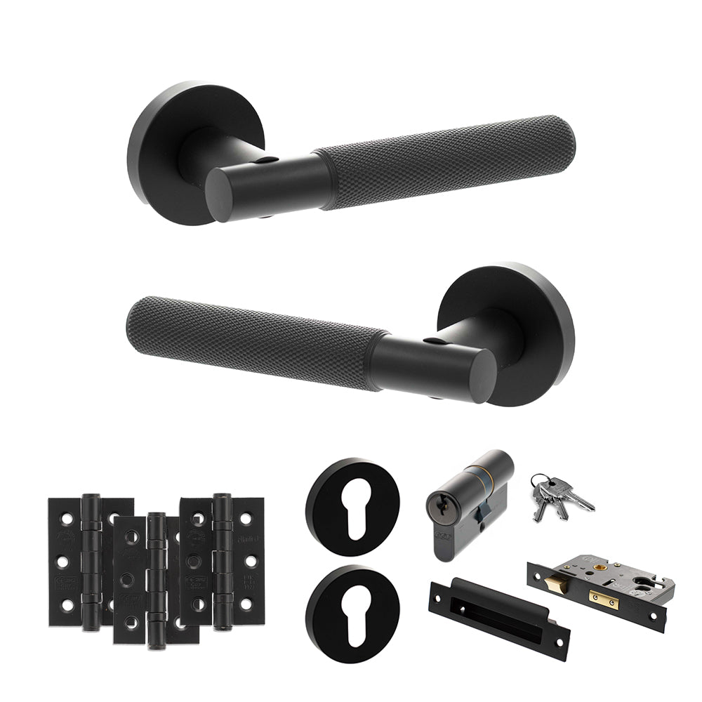 Quality image of Senza Pari Rosarno Door Handle Pack (Euro Lock Set - 3" CE Sashlock, 3" Fire Rated Hinges x3) - Matt Black | Sku. adpspr170mb21 | available from Trade Door Handles.