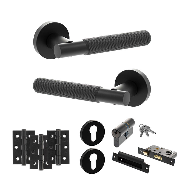 Quality image of Senza Pari Rosarno Door Handle Pack (Euro Lock Set - 3" CE Sashlock, 3" Fire Rated Hinges x3) - Matt Black | Sku. adpspr170mb21 | available from Trade Door Handles.