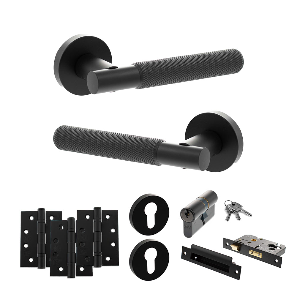 Quality image of Senza Pari Rosarno Door Handle Pack (Euro Lock Set - 3" CE Sashlock, 4" Fire Rated Hinges x3) - Matt Black | Sku. adpspr170mb23 | available from Trade Door Handles.
