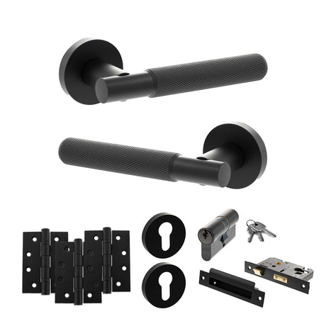 Quality image of Senza Pari Rosarno Door Handle Pack (Euro Lock Set - 3" CE Sashlock, 4" Fire Rated Hinges x3) - Matt Black | Sku. adpspr170mb23 | available from Trade Door Handles.