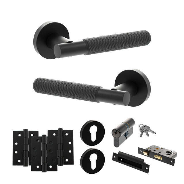Quality image of Senza Pari Rosarno Door Handle Pack (Euro Lock Set - 3" CE Sashlock, 4" Fire Rated Hinges x3) - Matt Black | Sku. adpspr170mb23 | available from Trade Door Handles.