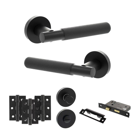 Quality image of Senza Pari Rosarno Door Handle Pack (Bathroom Set - 2.5" CE Bathroom Lock, 3" Fire Rated Hinges x3) - Matt Black | Sku. adpspr170mb8 | available from Trade Door Handles.