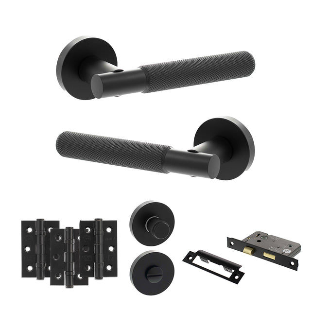 Quality image of Senza Pari Rosarno Door Handle Pack (Bathroom Set - 3" CE Bathroom Lock, 3" Fire Rated Hinges x3) - Matt Black | Sku. adpspr170mb9 | available from Trade Door Handles.