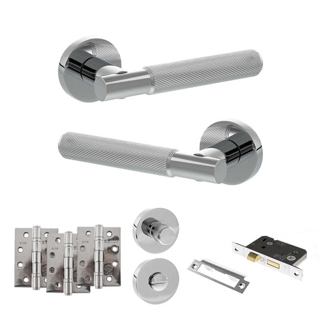 Quality image of Senza Pari Rosarno Door Handle Pack (Bathroom Set - 3" CE Bathroom Lock, 4" Fire Rated Hinges x3) - Polished Chrome | Sku. adpspr170pc11 | available from Trade Door Handles.