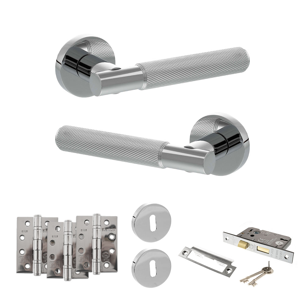 Quality image of Senza Pari Rosarno Door Handle Pack (3 Lever Lock Set - 2.5" CE Sashlock, 4" Fire Rated Hinges x3) - Polished Chrome | Sku. adpspr170pc16 | available from Trade Door Handles.
