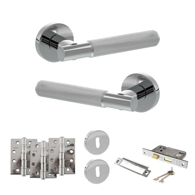 Quality image of Senza Pari Rosarno Door Handle Pack (3 Lever Lock Set - 3" CE Sashlock, 4" Fire Rated Hinges x3) - Polished Chrome | Sku. adpspr170pc17 | available from Trade Door Handles.