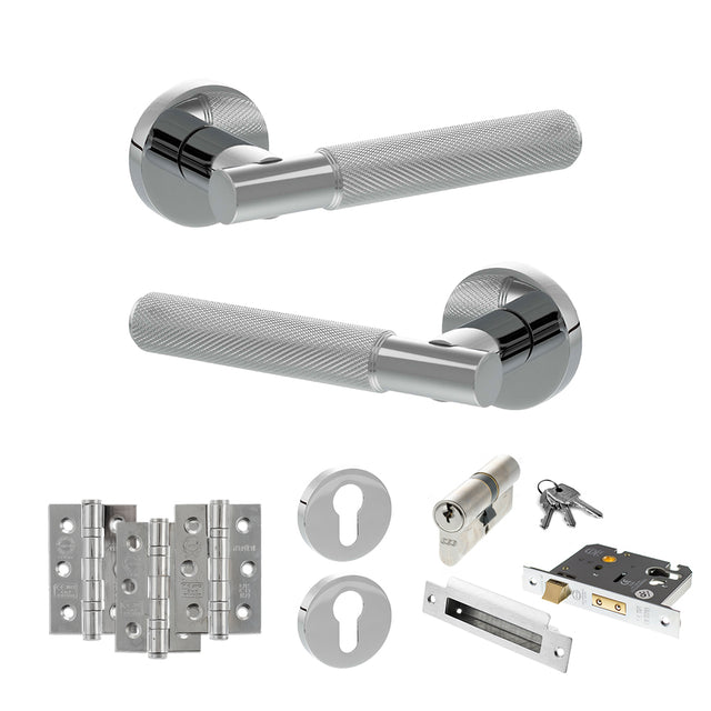Quality image of Senza Pari Rosarno Door Handle Pack (Euro Lock Set - 2.5" CE Sashlock, 3" Fire Rated Hinges x3) - Polished Chrome | Sku. adpspr170pc20 | available from Trade Door Handles.