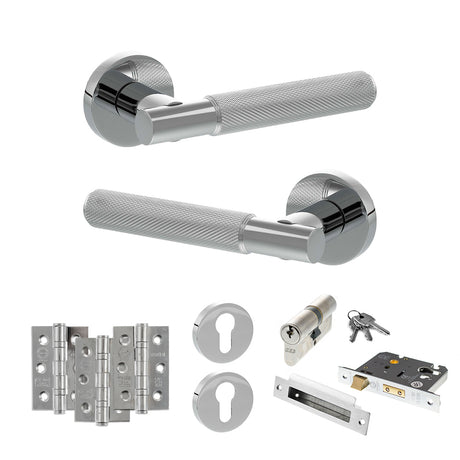 Quality image of Senza Pari Rosarno Door Handle Pack (Euro Lock Set - 3" CE Sashlock, 3" Fire Rated Hinges x3) - Polished Chrome | Sku. adpspr170pc21 | available from Trade Door Handles.