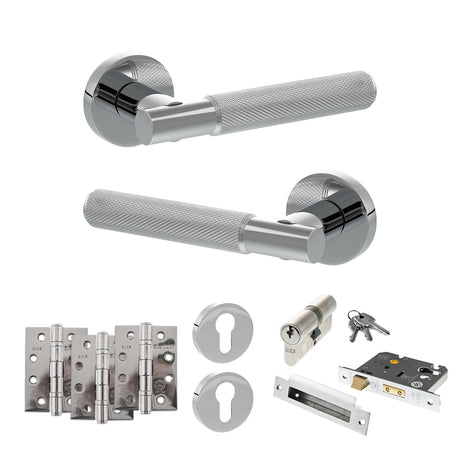 Quality image of Senza Pari Rosarno Door Handle Pack (Euro Lock Set - 2.5" CE Sashlock, 4" Fire Rated Hinges x3) - Polished Chrome | Sku. adpspr170pc22 | available from Trade Door Handles.