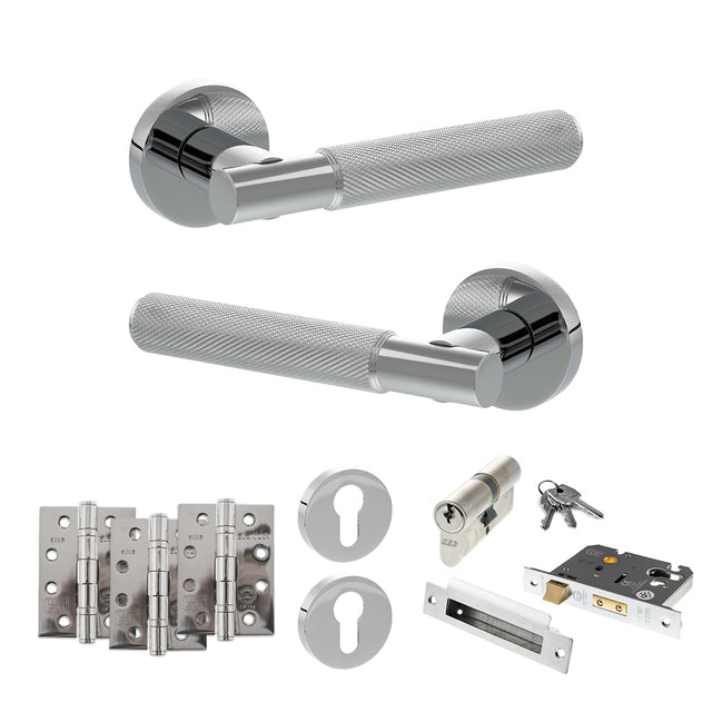 Quality image of Senza Pari Rosarno Door Handle Pack (Euro Lock Set - 3" CE Sashlock, 4" Fire Rated Hinges x3) - Polished Chrome | Sku. adpspr170pc23 | available from Trade Door Handles.