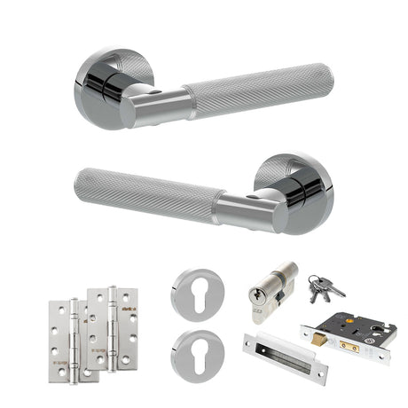 Quality image of Senza Pari Rosarno Door Handle Pack (Euro Lock Set - 3" CE Sashlock, 4" Slim Knuckle Hinges x2) - Polished Chrome | Sku. adpspr170pc25 | available from Trade Door Handles.