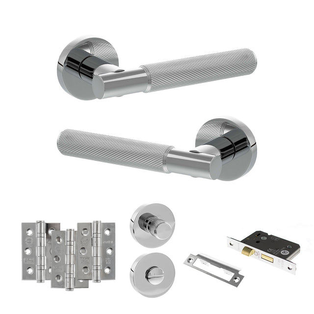 Quality image of Senza Pari Rosarno Door Handle Pack (Bathroom Set - 3" CE Bathroom Lock, 3" Fire Rated Hinges x3) - Polished Chrome | Sku. adpspr170pc9 | available from Trade Door Handles.