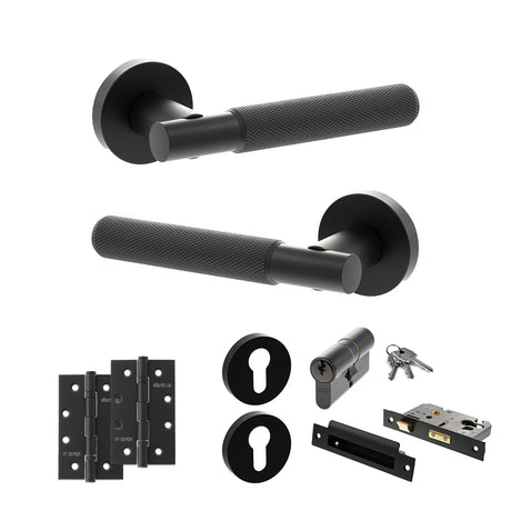 Quality image of Senza Pari Rosarno Door Handle Pack (Euro Lock Set - 2.5" CE Sashlock, 4" Slim Knuckle Hinges x2) - Matt Black | Sku. adpspr170mb24 | available from Trade Door Handles.