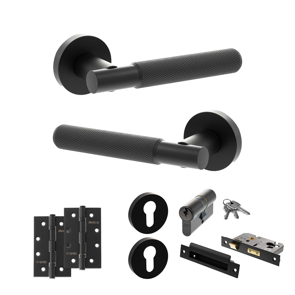 Quality image of Senza Pari Rosarno Door Handle Pack (Euro Lock Set - 3" CE Sashlock, 4" Slim Knuckle Hinges x2) - Matt Black | Sku. adpspr170mb25 | available from Trade Door Handles.