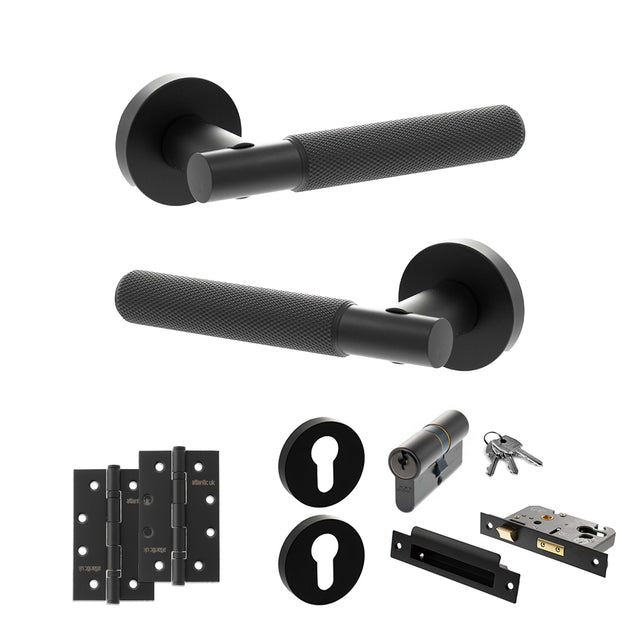 Quality image of Senza Pari Rosarno Door Handle Pack (Euro Lock Set - 3" CE Sashlock, 4" Slim Knuckle Hinges x2) - Matt Black | Sku. adpspr170mb25 | available from Trade Door Handles.
