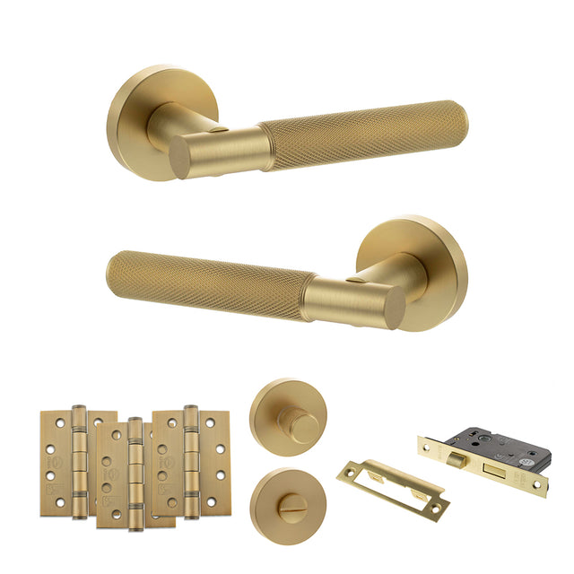 Quality image of Senza Pari Rosarno Door Handle Pack (Bathroom Set - 3" CE Bathroom Lock, 4" Fire Rated Hinges x3) - Satin Brass | Sku. adpspr170sb11 | available from Trade Door Handles.