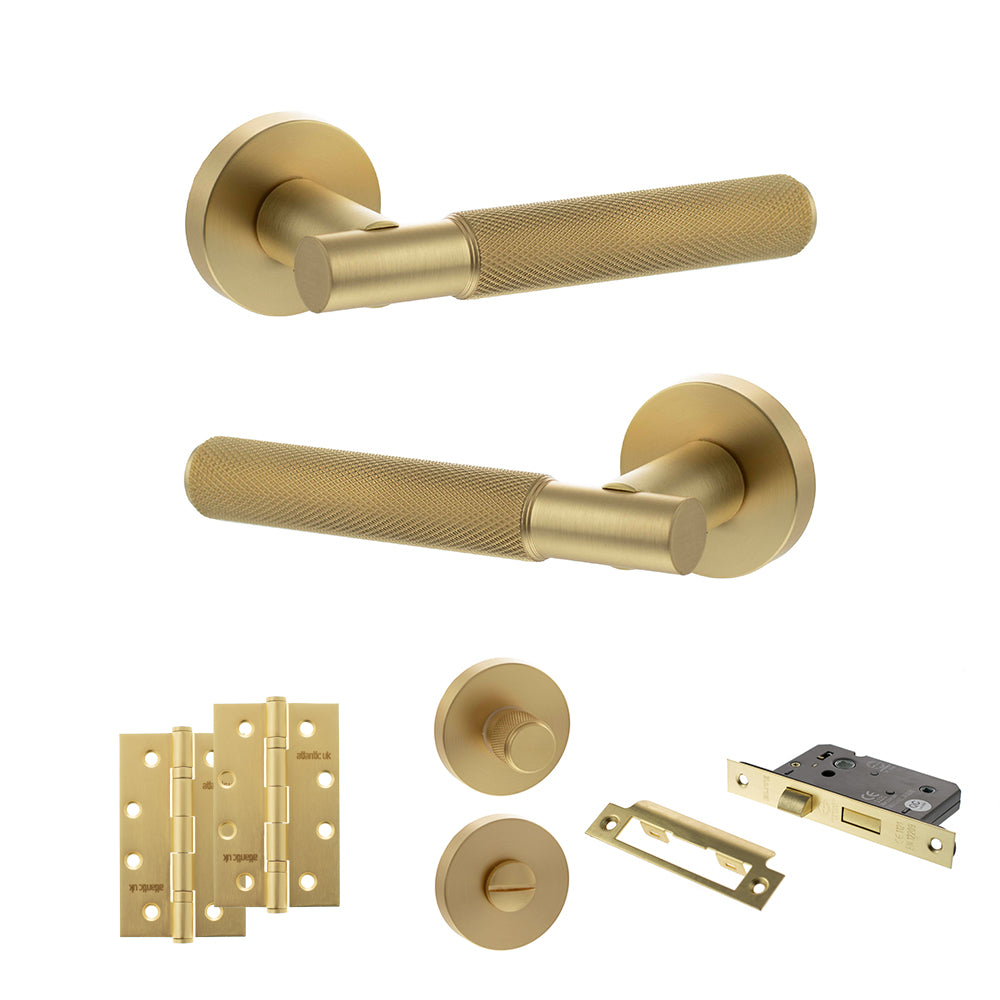 Quality image of Senza Pari Rosarno Door Handle Pack (Bathroom Set - 3" CE Bathroom Lock, 4" Slim Knuckle Hinges x2) - Satin Brass | Sku. adpspr170sb13 | available from Trade Door Handles.