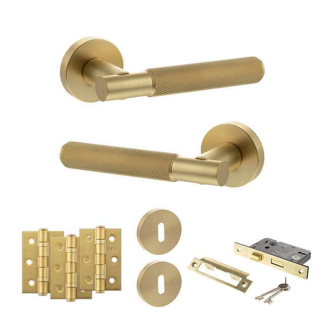 Quality image of Senza Pari Rosarno Door Handle Pack (3 Lever Lock Set - 3" CE Sashlock, 3" Fire Rated Hinges x3) - Satin Brass | Sku. adpspr170sb15 | available from Trade Door Handles.