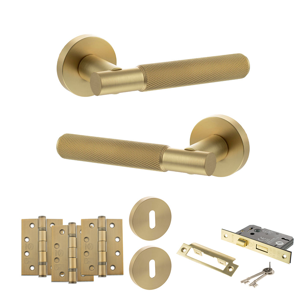 Quality image of Senza Pari Rosarno Door Handle Pack (3 Lever Lock Set - 2.5" CE Sashlock, 4" Fire Rated Hinges x3) - Satin Brass | Sku. adpspr170sb16 | available from Trade Door Handles.