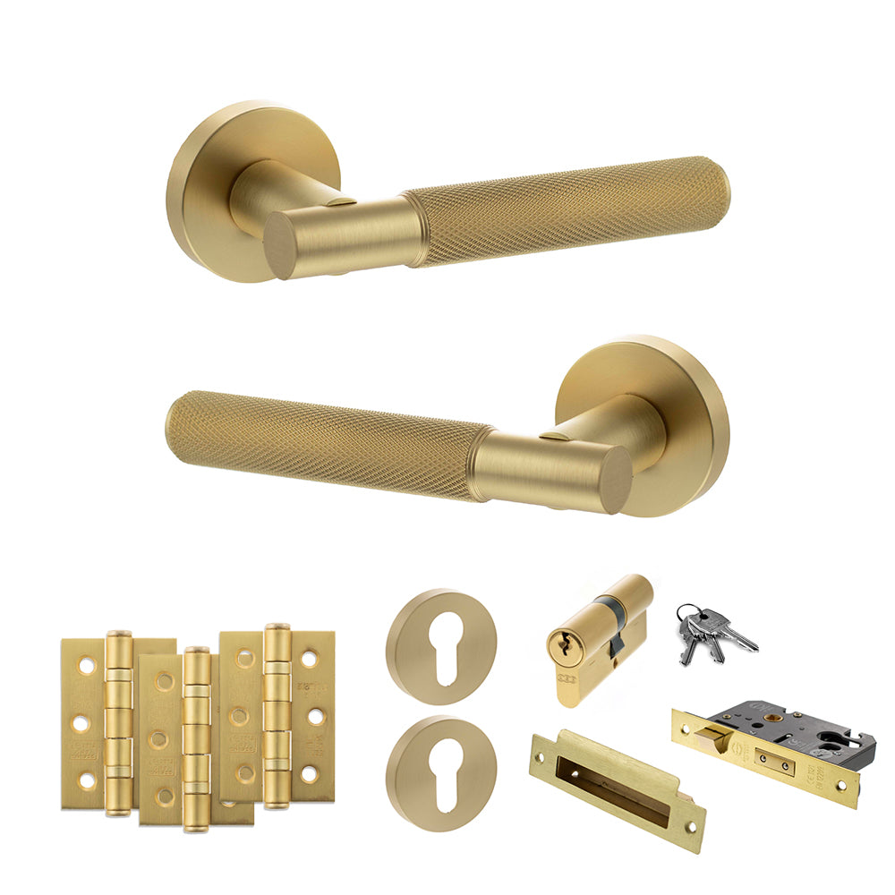 Quality image of Senza Pari Rosarno Door Handle Pack (Euro Lock Set - 2.5" CE Sashlock, 3" Fire Rated Hinges x3) - Satin Brass | Sku. adpspr170sb20 | available from Trade Door Handles.