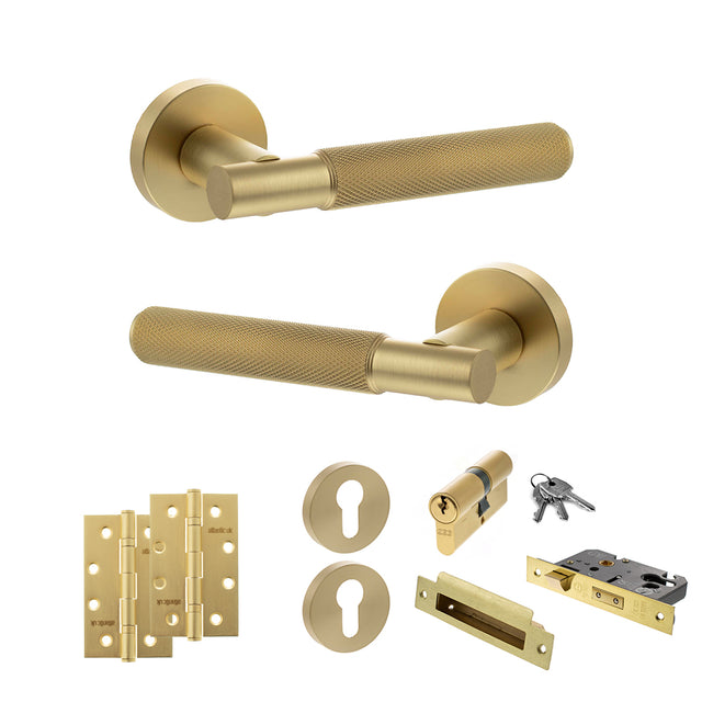 Quality image of Senza Pari Rosarno Door Handle Pack (Euro Lock Set - 2.5" CE Sashlock, 4" Slim Knuckle Hinges x2) - Satin Brass | Sku. adpspr170sb24 | available from Trade Door Handles.