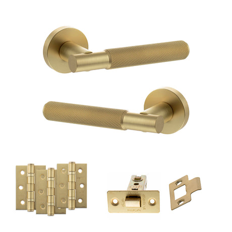 Quality image of Senza Pari Rosarno Door Handle Pack (Latch Set - 3" CE Latch, 3" Fire Rated Hinges x3) - Satin Brass | Sku. adpspr170sb2 | available from Trade Door Handles.