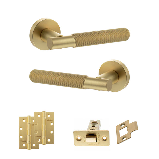 Quality image of Senza Pari Rosarno Door Handle Pack (Latch Set - 3" CE Latch, 4" Slim Knuckle Hinges x2) - Satin Brass | Sku. adpspr170sb6 | available from Trade Door Handles.