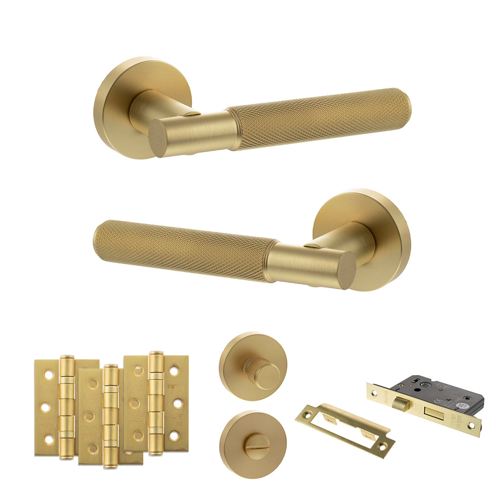 Quality image of Senza Pari Rosarno Door Handle Pack (Bathroom Set - 3" CE Bathroom Lock, 3" Fire Rated Hinges x3) - Satin Brass | Sku. adpspr170sb9 | available from Trade Door Handles.