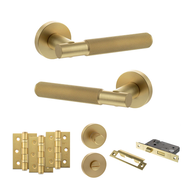 Quality image of Senza Pari Rosarno Door Handle Pack (Bathroom Set - 3" CE Bathroom Lock, 3" Fire Rated Hinges x3) - Satin Brass | Sku. adpspr170sb9 | available from Trade Door Handles.