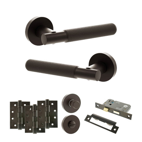 Quality image of Senza Pari Rosarno Door Handle Pack (Bathroom Set - 2.5" CE Bathroom Lock, 4" Fire Rated Hinges x3) - Urban Dark Bronze | Sku. adpspr170udb10 | available from Trade Door Handles.