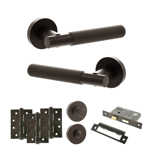 Quality image of Senza Pari Rosarno Door Handle Pack (Bathroom Set - 2.5" CE Bathroom Lock, 4" Fire Rated Hinges x3) - Urban Dark Bronze | Sku. adpspr170udb10 | available from Trade Door Handles.