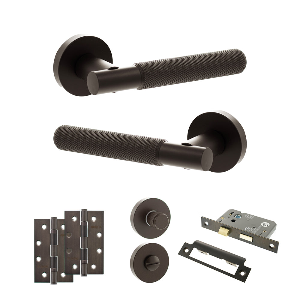 Quality image of Senza Pari Rosarno Door Handle Pack (Bathroom Set - 3" CE Bathroom Lock, 4" Slim Knuckle Hinges x2) - Urban Dark Bronze | Sku. adpspr170udb13 | available from Trade Door Handles.