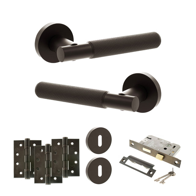 Quality image of Senza Pari Rosarno Door Handle Pack (3 Lever Lock Set - 2.5" CE Sashlock, 4" Fire Rated Hinges x3) - Urban Dark Bronze | Sku. adpspr170udb16 | available from Trade Door Handles.