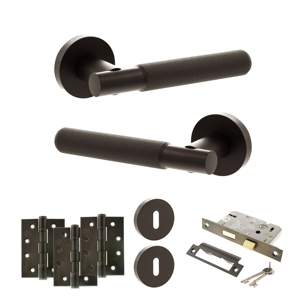 Quality image of Senza Pari Rosarno Door Handle Pack (3 Lever Lock Set - 3" CE Sashlock, 4" Fire Rated Hinges x3) - Urban Dark Bronze | Sku. adpspr170udb17 | available from Trade Door Handles.