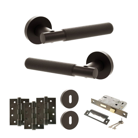 Quality image of Senza Pari Rosarno Door Handle Pack (3 Lever Lock Set - 3" CE Sashlock, 4" Fire Rated Hinges x3) - Urban Dark Bronze | Sku. adpspr170udb17 | available from Trade Door Handles.