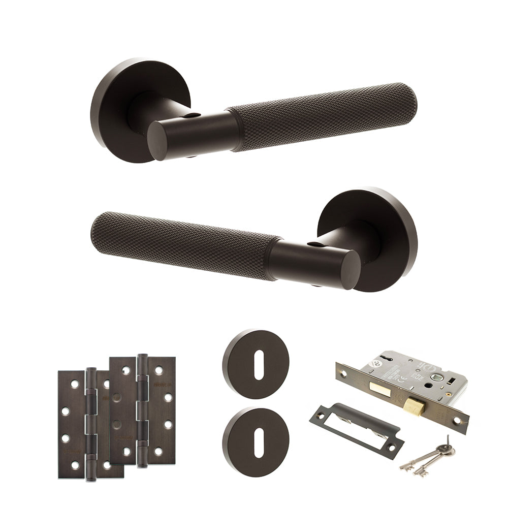 Quality image of Senza Pari Rosarno Door Handle Pack (3 Lever Lock Set - 2.5" CE Sashlock, 4" Slim Knuckle Hinges x2) - Urban Dark Bronze | Sku. adpspr170udb18 | available from Trade Door Handles.
