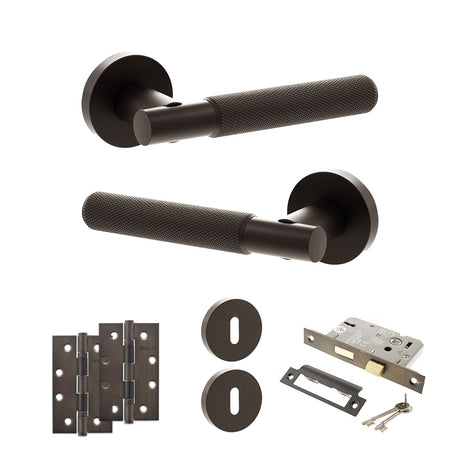 Quality image of Senza Pari Rosarno Door Handle Pack (3 Lever Lock Set - 3" CE Sashlock, 4" Slim Knuckle Hinges x2) - Urban Dark Bronze | Sku. adpspr170udb19 | available from Trade Door Handles.