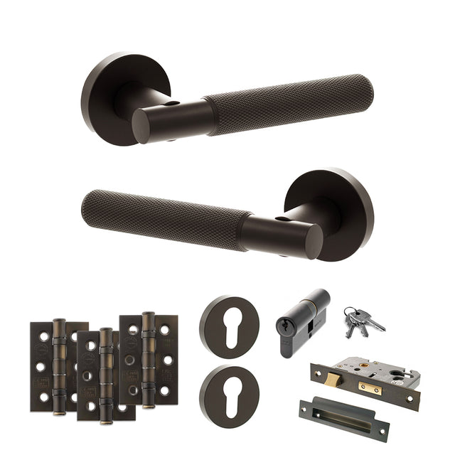 Quality image of Senza Pari Rosarno Door Handle Pack (Euro Lock Set - 3" CE Sashlock, 3" Fire Rated Hinges x3) - Urban Dark Bronze | Sku. adpspr170udb21 | available from Trade Door Handles.