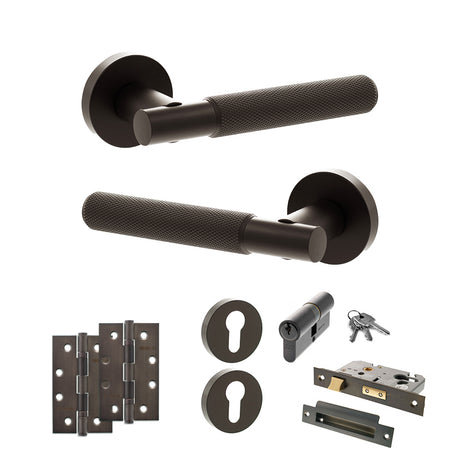 Quality image of Senza Pari Rosarno Door Handle Pack (Euro Lock Set - 3" CE Sashlock, 4" Slim Knuckle Hinges x2) - Urban Dark Bronze | Sku. adpspr170udb25 | available from Trade Door Handles.