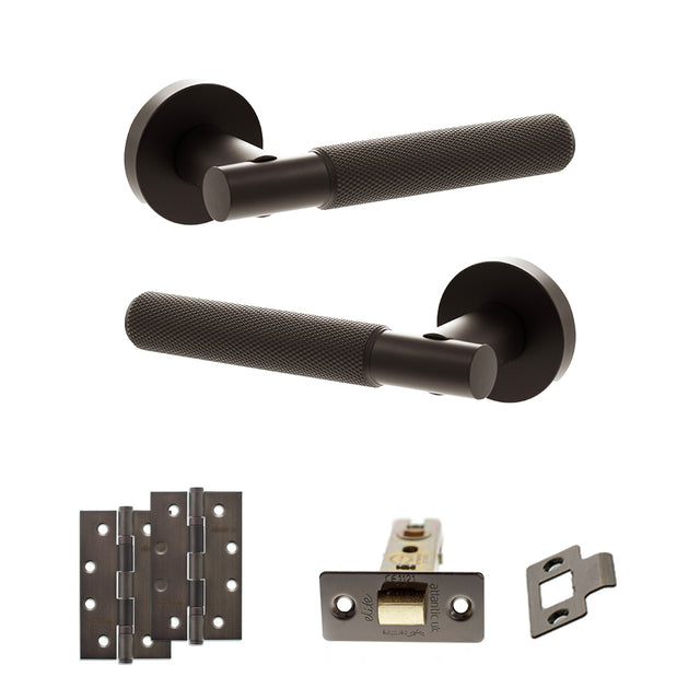 Quality image of Senza Pari Rosarno Door Handle Pack (Latch Set - 2.5" CE Latch, 4" Slim Knuckle Hinges x2) - Urban Dark Bronze | Sku. adpspr170udb5 | available from Trade Door Handles.