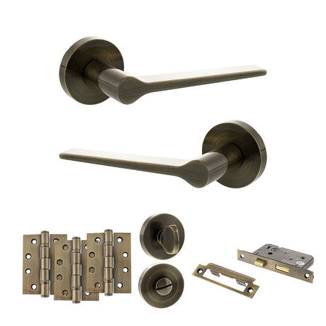 Quality image of Senza Pari Laviano Door Handle Pack (Bathroom Set - 2.5" CE Bathroom Lock, 4" Fire Rated Hinges x3) - Antique Brass | Sku. adpspr180ab10 | available from Trade Door Handles.