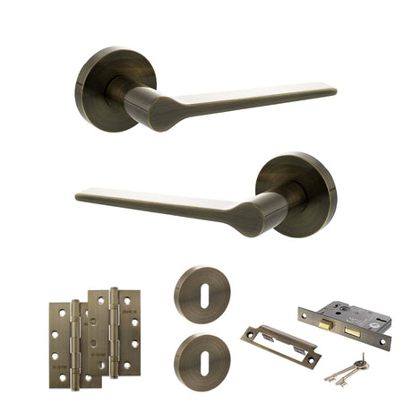 Quality image of Senza Pari Laviano Door Handle Pack (3 Lever Lock Set - 2.5" CE Sashlock, 4" Slim Knuckle Hinges x2) - Antique Brass | Sku. adpspr180ab18 | available from Trade Door Handles.