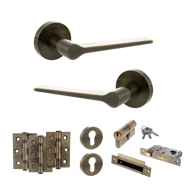 Quality image of Senza Pari Laviano Door Handle Pack (Euro Lock Set - 2.5" CE Sashlock, 3" Fire Rated Hinges x3) - Antique Brass | Sku. adpspr180ab20 | available from Trade Door Handles.