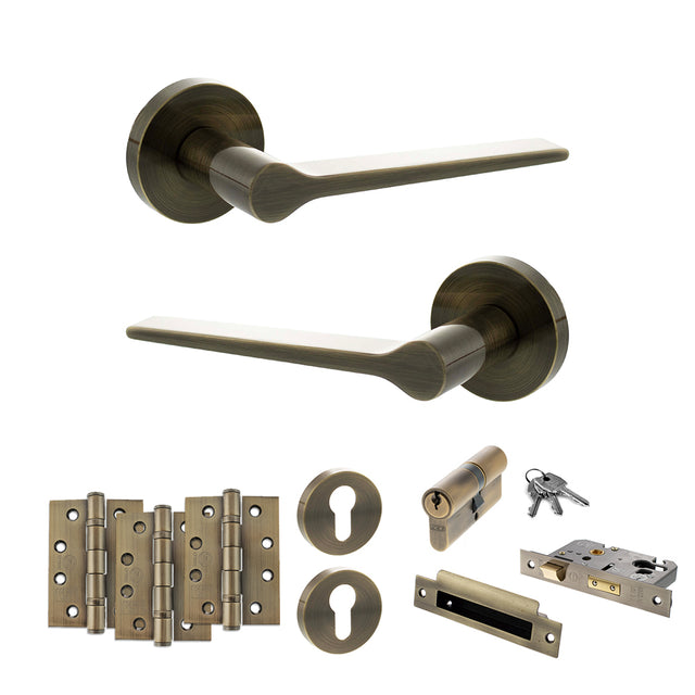 Quality image of Senza Pari Laviano Door Handle Pack (Euro Lock Set - 2.5" CE Sashlock, 4" Fire Rated Hinges x3) - Antique Brass | Sku. adpspr180ab22 | available from Trade Door Handles.