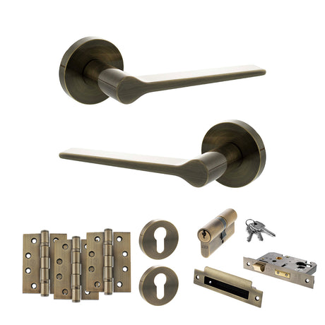 Quality image of Senza Pari Laviano Door Handle Pack (Euro Lock Set - 3" CE Sashlock, 4" Fire Rated Hinges x3) - Antique Brass | Sku. adpspr180ab23 | available from Trade Door Handles.