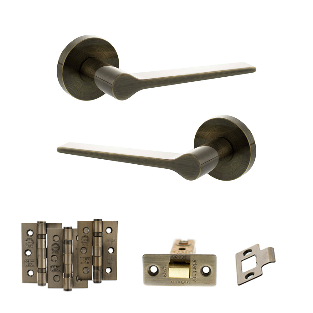 Quality image of Senza Pari Laviano Door Handle Pack (Latch Set - 3" CE Latch, 3" Fire Rated Hinges x3) - Antique Brass | Sku. adpspr180ab2 | available from Trade Door Handles.