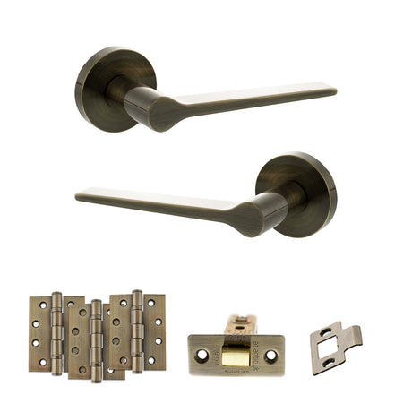 Quality image of Senza Pari Laviano Door Handle Pack (Latch Set - 3" CE Latch, 4" Fire Rated Hinges x3) - Antique Brass | Sku. adpspr180ab4 | available from Trade Door Handles.