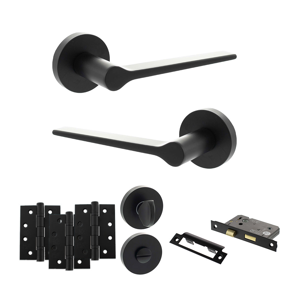 Quality image of Senza Pari Laviano Door Handle Pack (Bathroom Set - 2.5" CE Bathroom Lock, 4" Fire Rated Hinges x3) - Matt Black | Sku. adpspr180mb10 | available from Trade Door Handles.