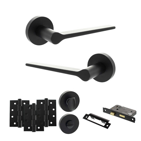 Quality image of Senza Pari Laviano Door Handle Pack (Bathroom Set - 2.5" CE Bathroom Lock, 4" Fire Rated Hinges x3) - Matt Black | Sku. adpspr180mb10 | available from Trade Door Handles.